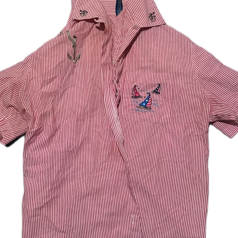 Red and White Striped Button Up with Embroidery